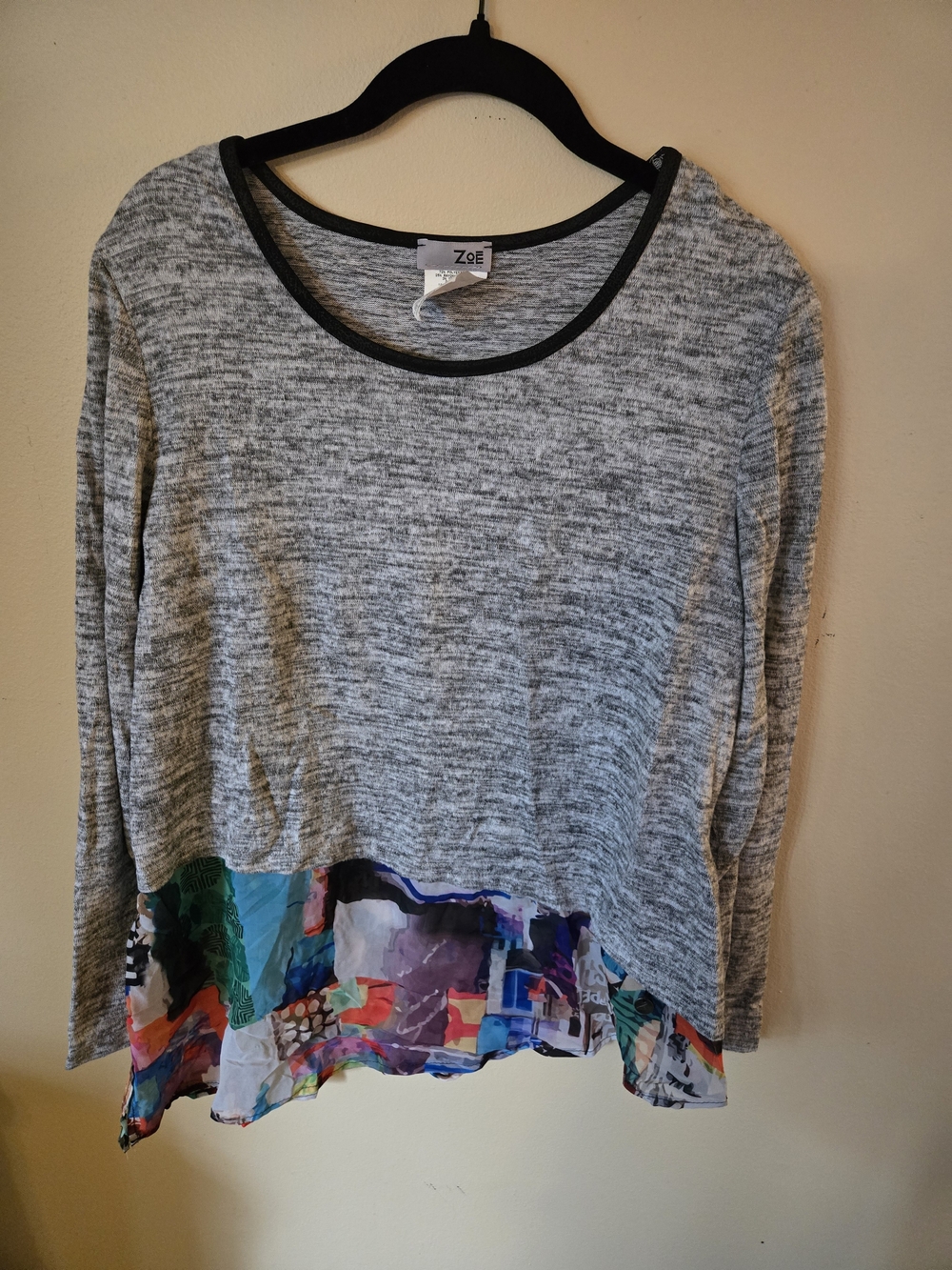 Zoe Cozy Grey Marled Long Sleeve Top with Colorful Printed Hem